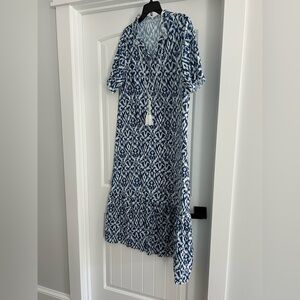 Blue & White Ikat Maxi Dress with Tassel Tie